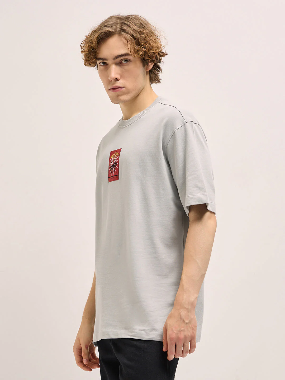 Men Grey Oversize Bold Graphic abstract Print Crew Neck T-shirt