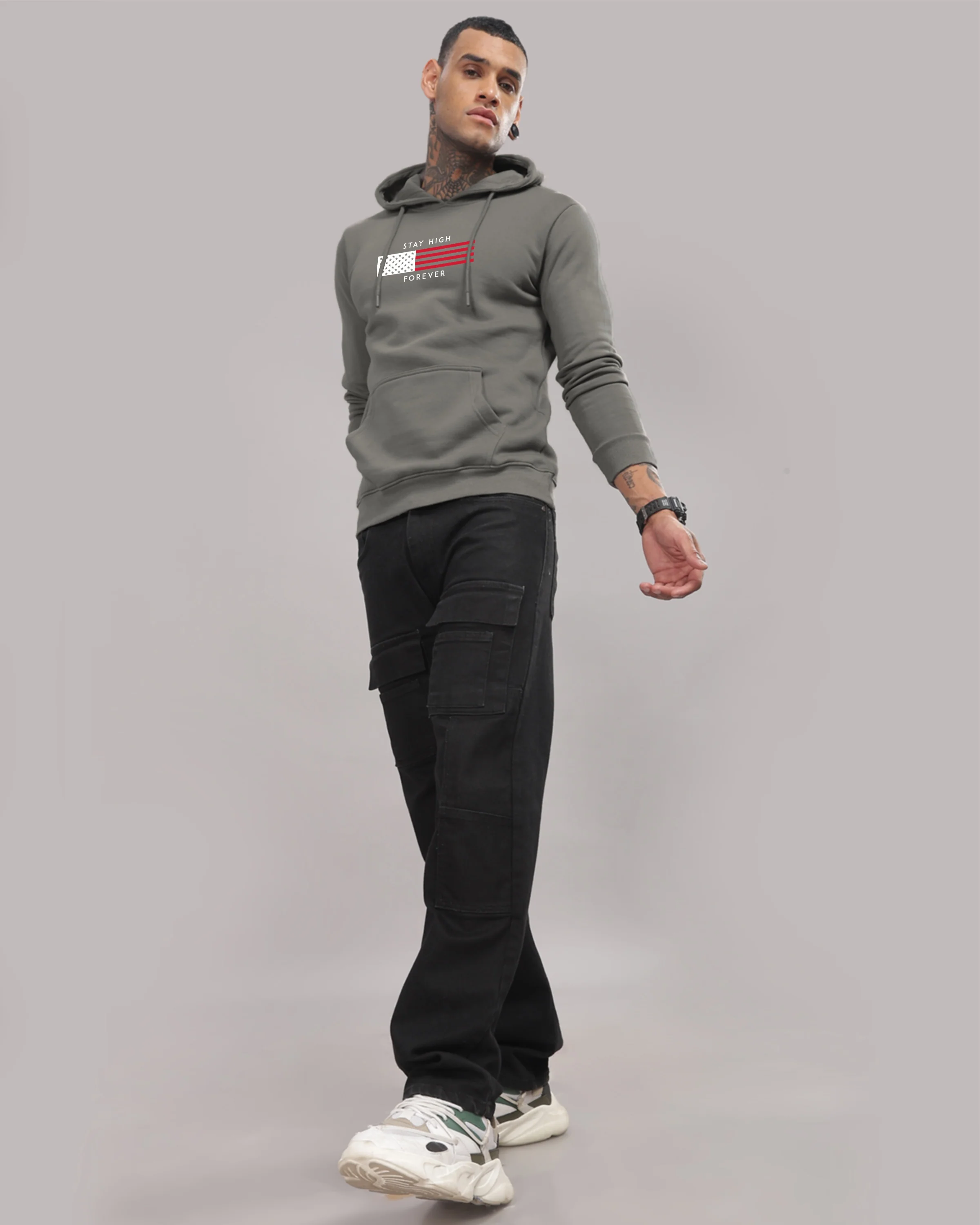 Men Grey Printed Cotton Hoodie