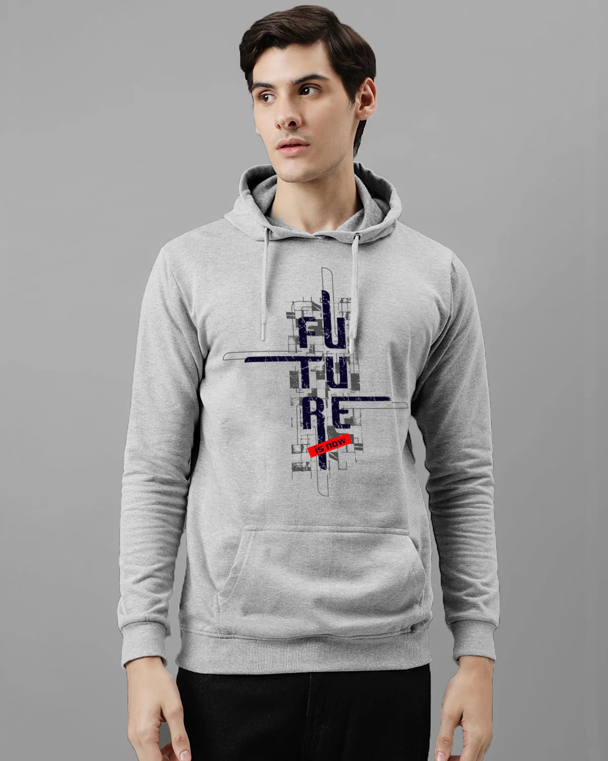 Men Grey Printed Cotton Hoodie