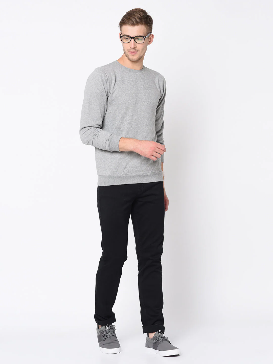 Men Grey Round Neck Cotton Fleece Sweatshirt