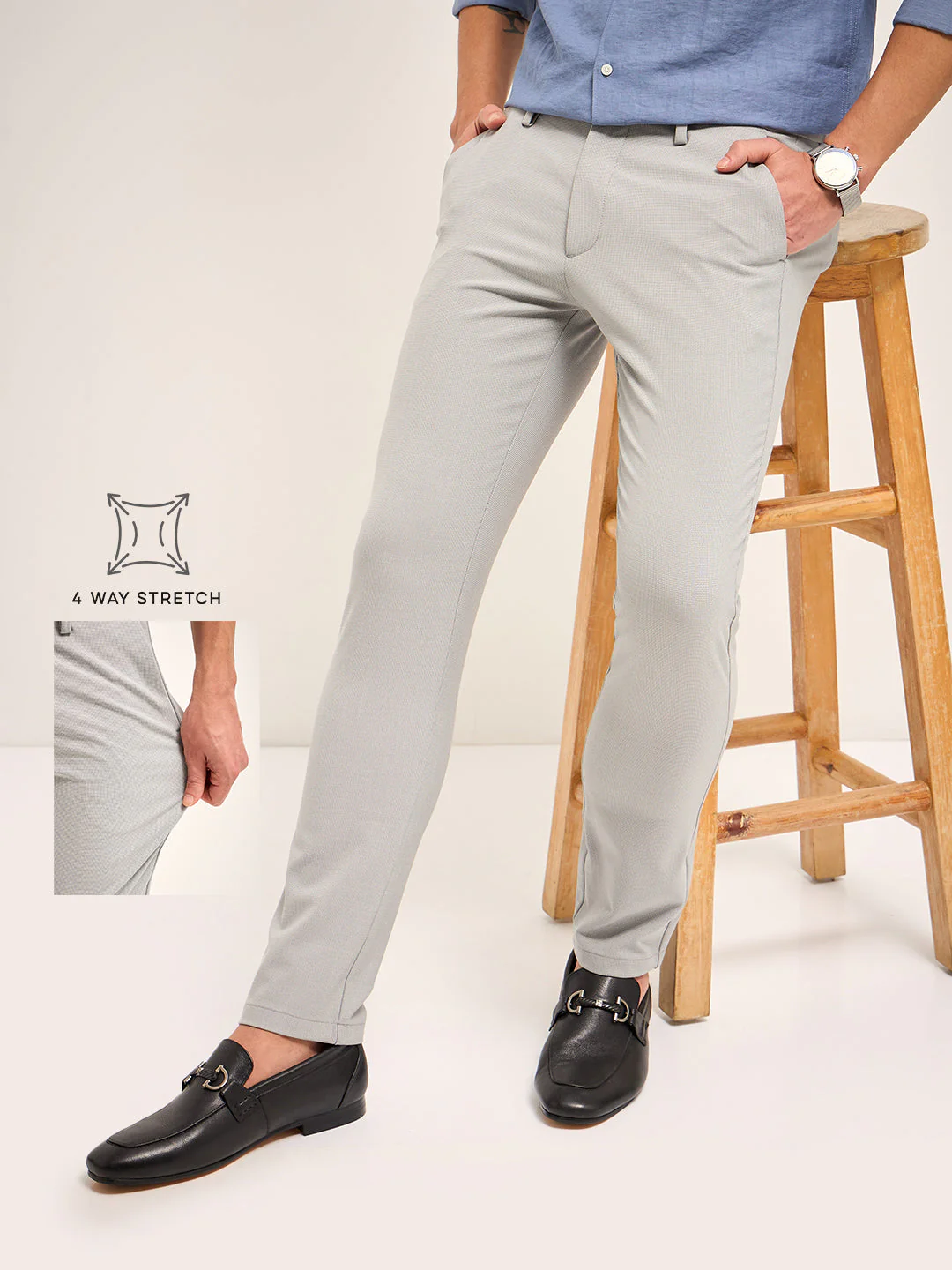 Men Grey Self Design 4 Way Stretch Formal Trouser