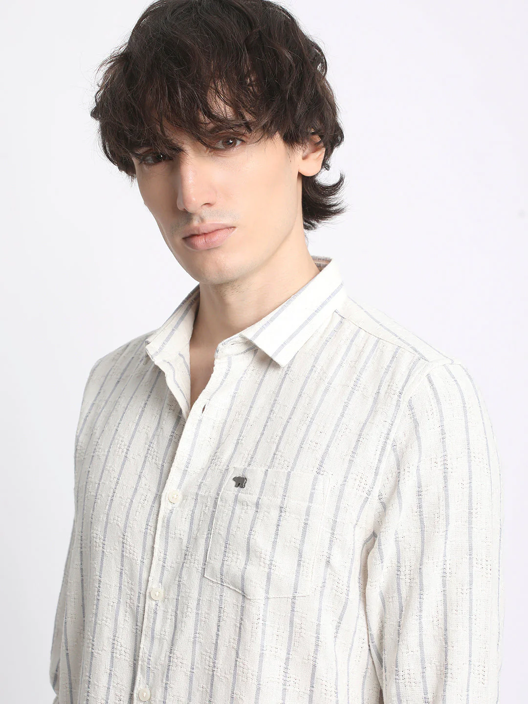 Men Grey Slim Fit Vertical Stripe Casual Shirt