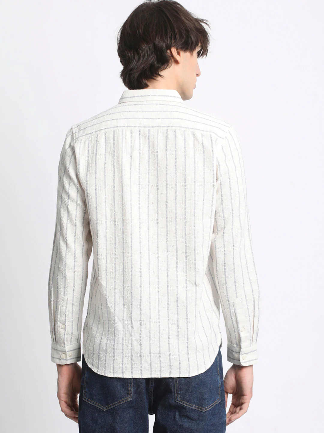Men Grey Slim Fit Vertical Stripe Casual Shirt - Image 4