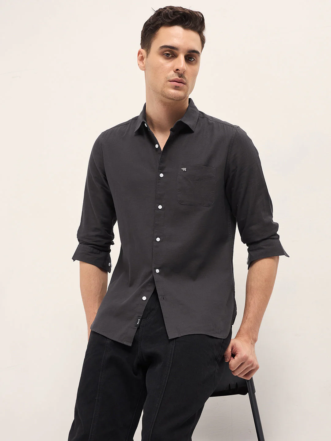 Men Grey Solid Slim Fit Casual Shirt