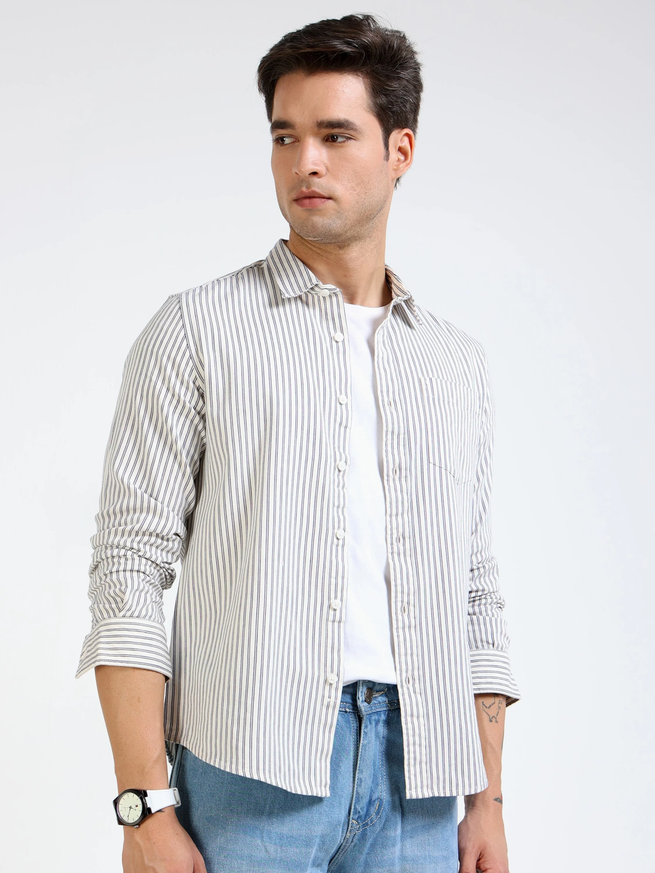 Men Grey & White Stripe Shirt
