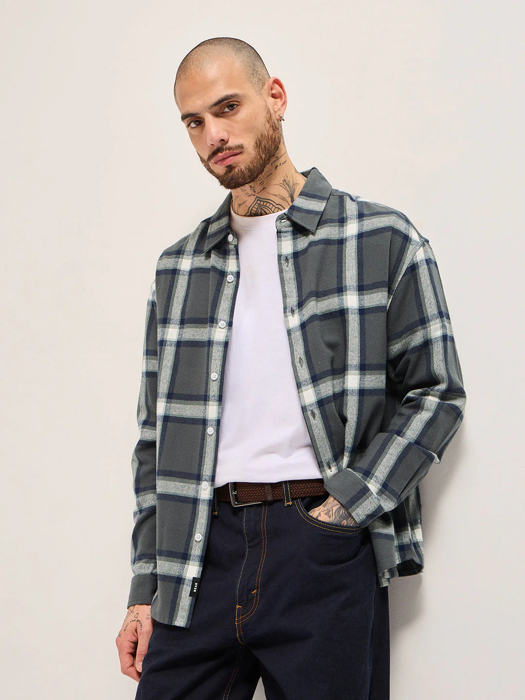 Men Grey Woven Checked Design Relax Fit Overshirt