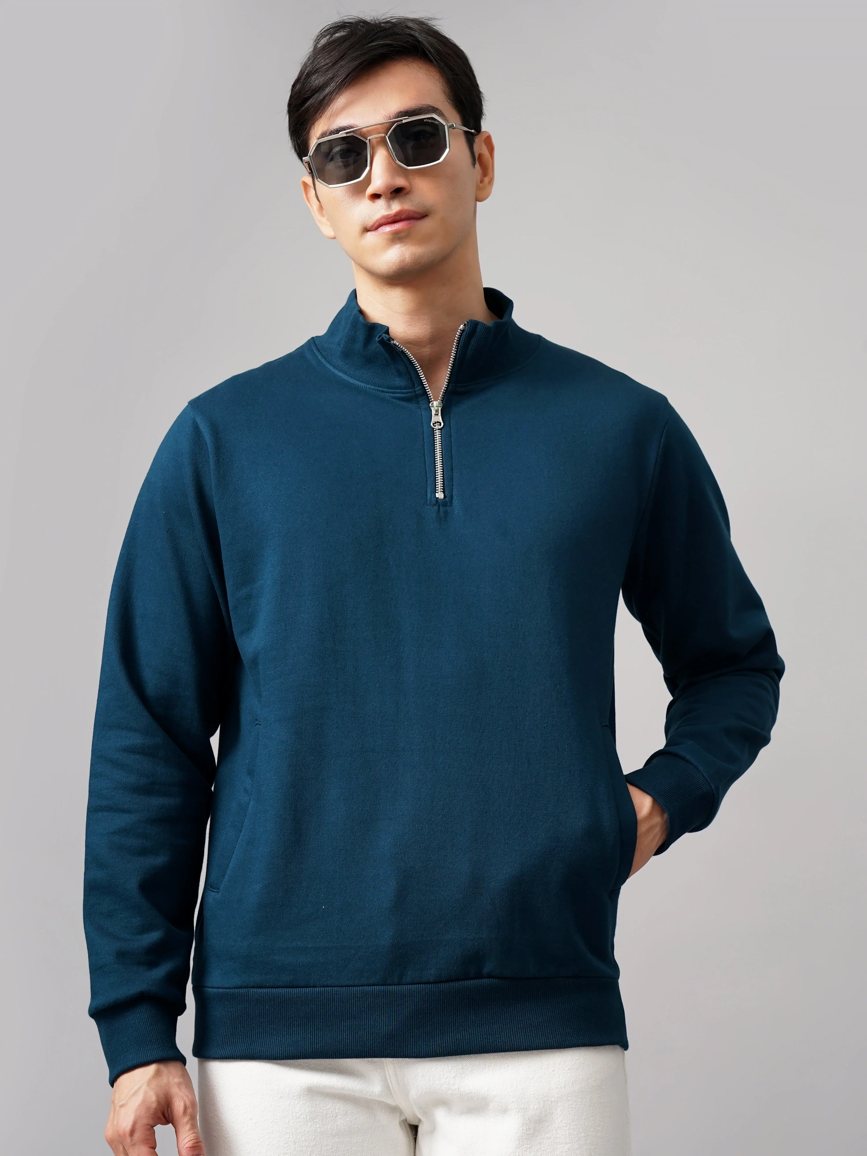 Men Half Zip Teal Sweatshirt