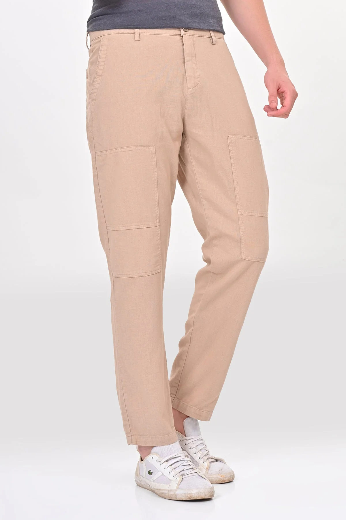 Men Ivory Linen Detailed Trouser Beige