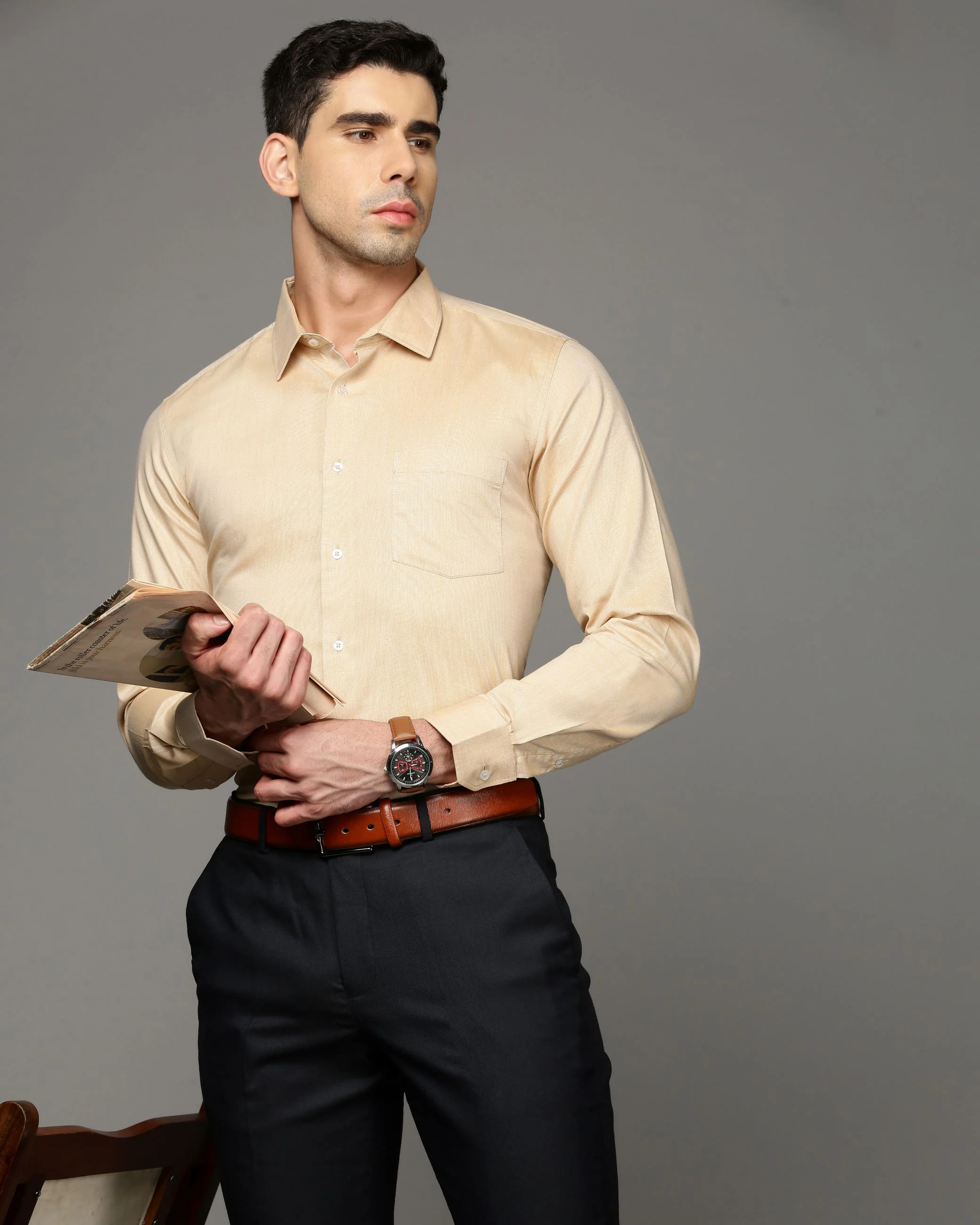 Men Khaki Cotton Blend Slim Shirt