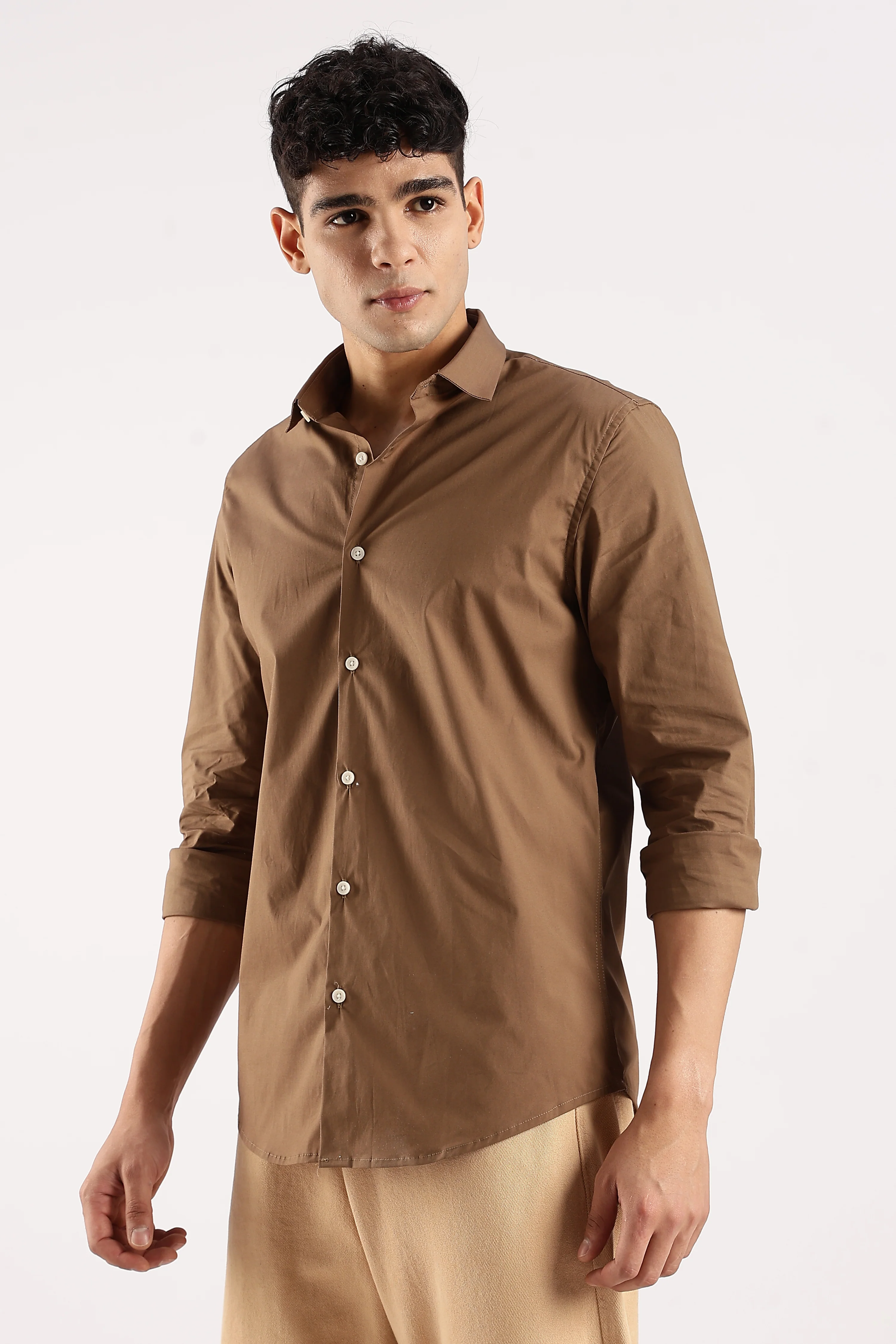 Men Khaki Cotton Lycra Shirt