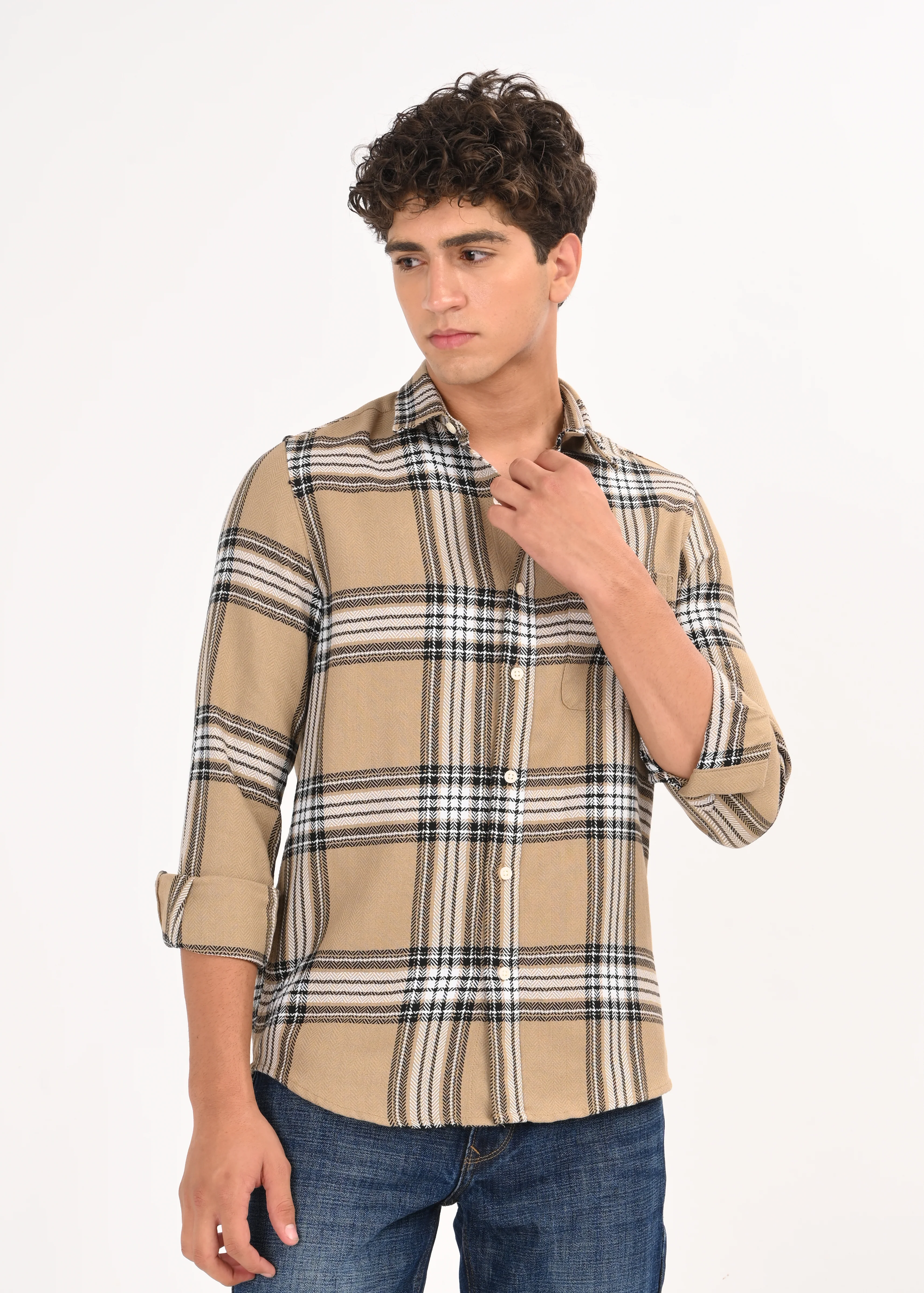 Men Khaki Herringbone Checked Shirt