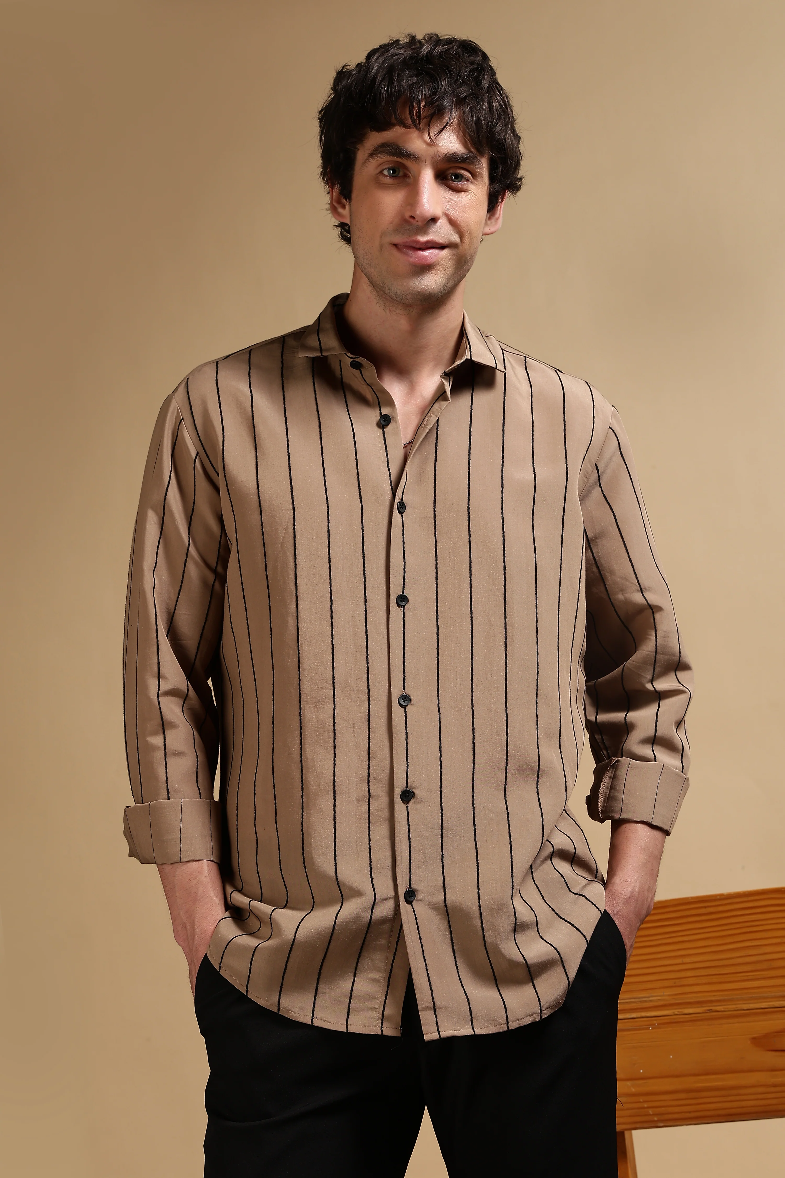 Men Khaki Nylon Slim Fit Striped Shirt