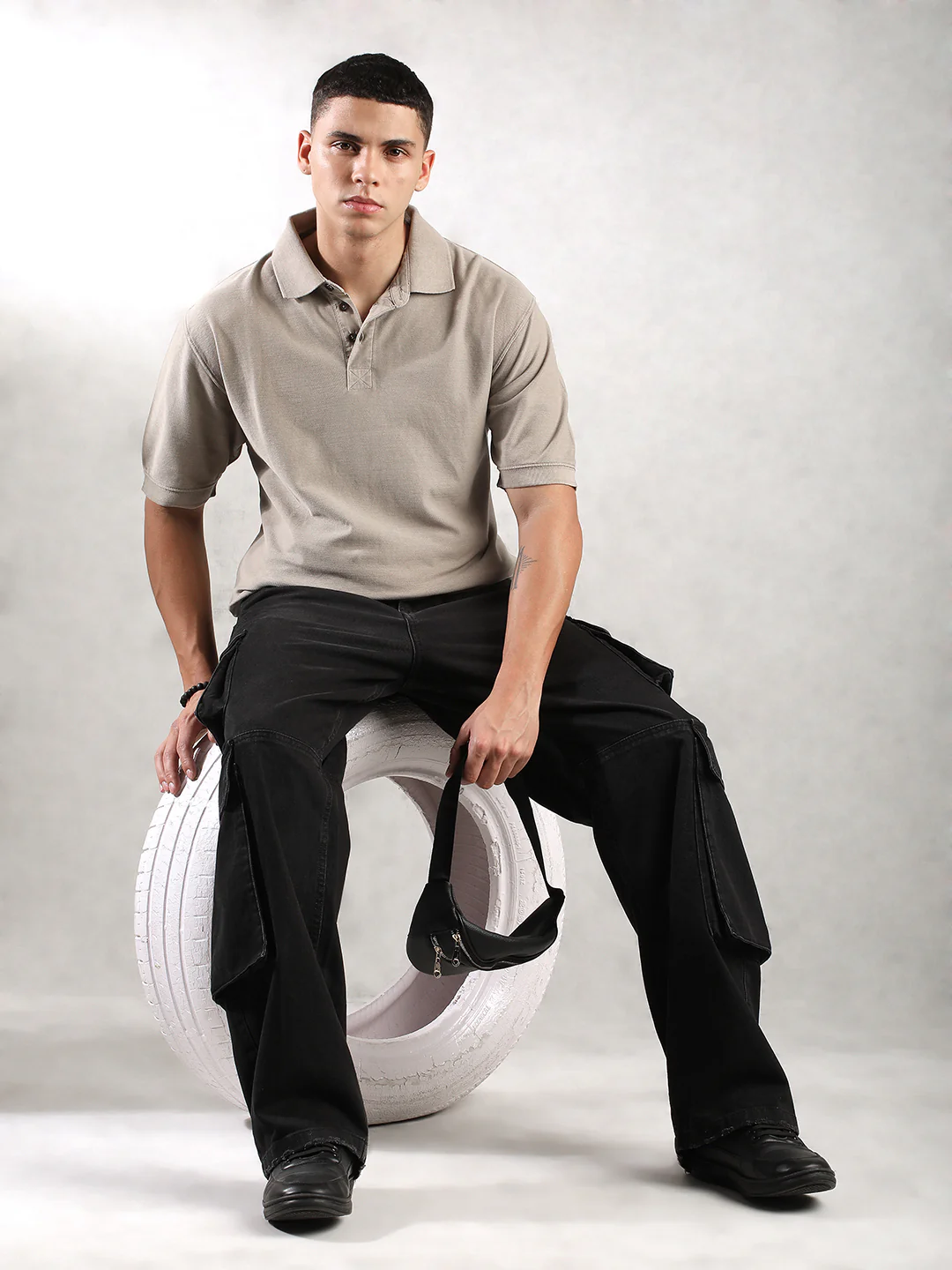 Men Khaki Drop Shoulder Oversize Polo T-Shirt - Image 2