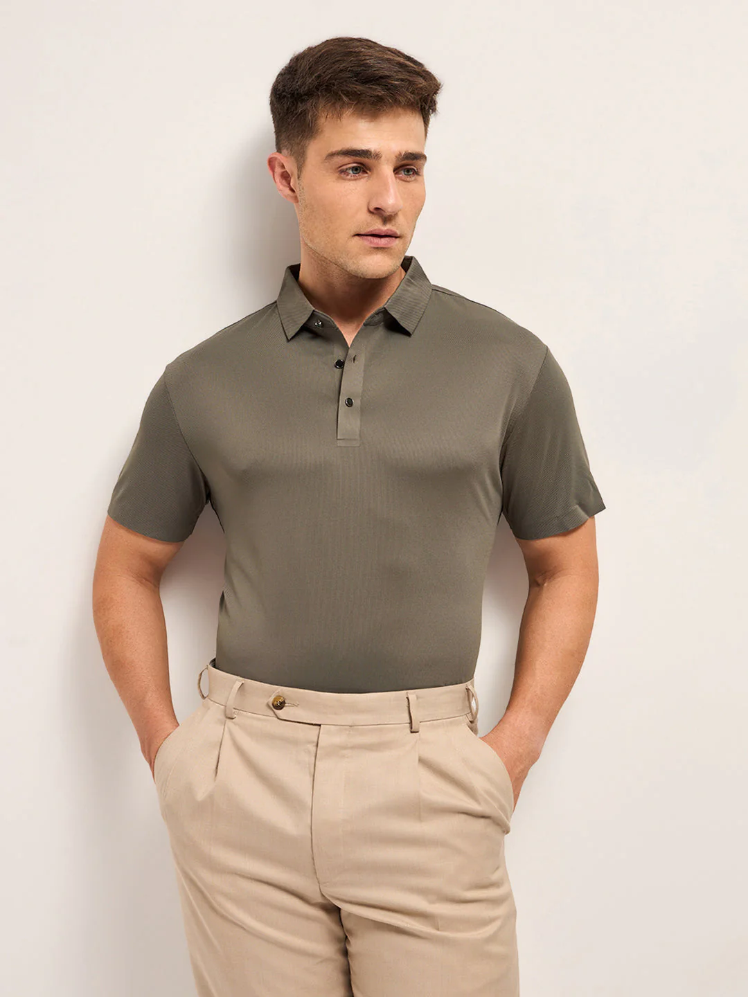 Men Khaki Self Design Slim Fit Classic Polo T-shirt