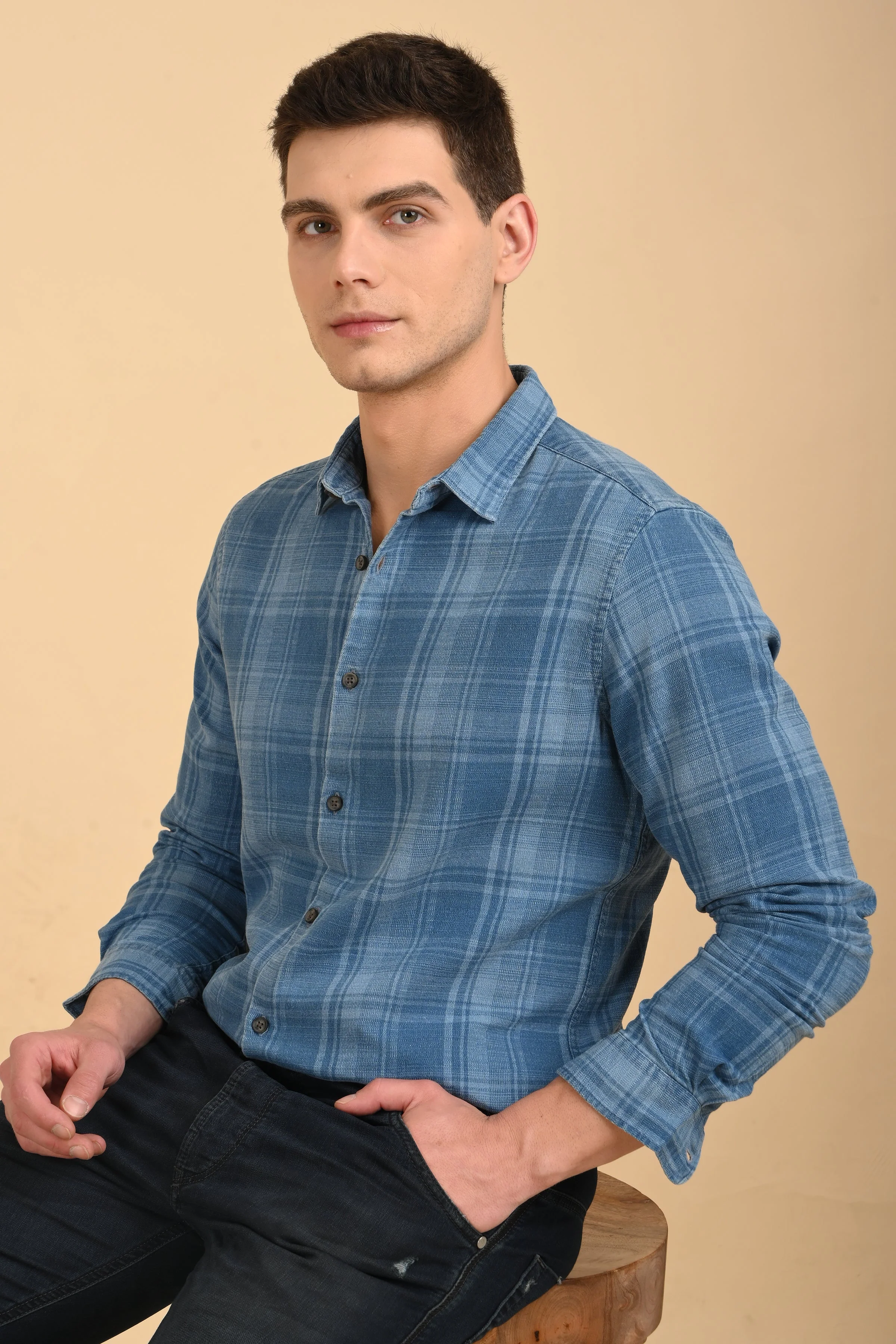 Men Kit Indigo Check Shirt Blue