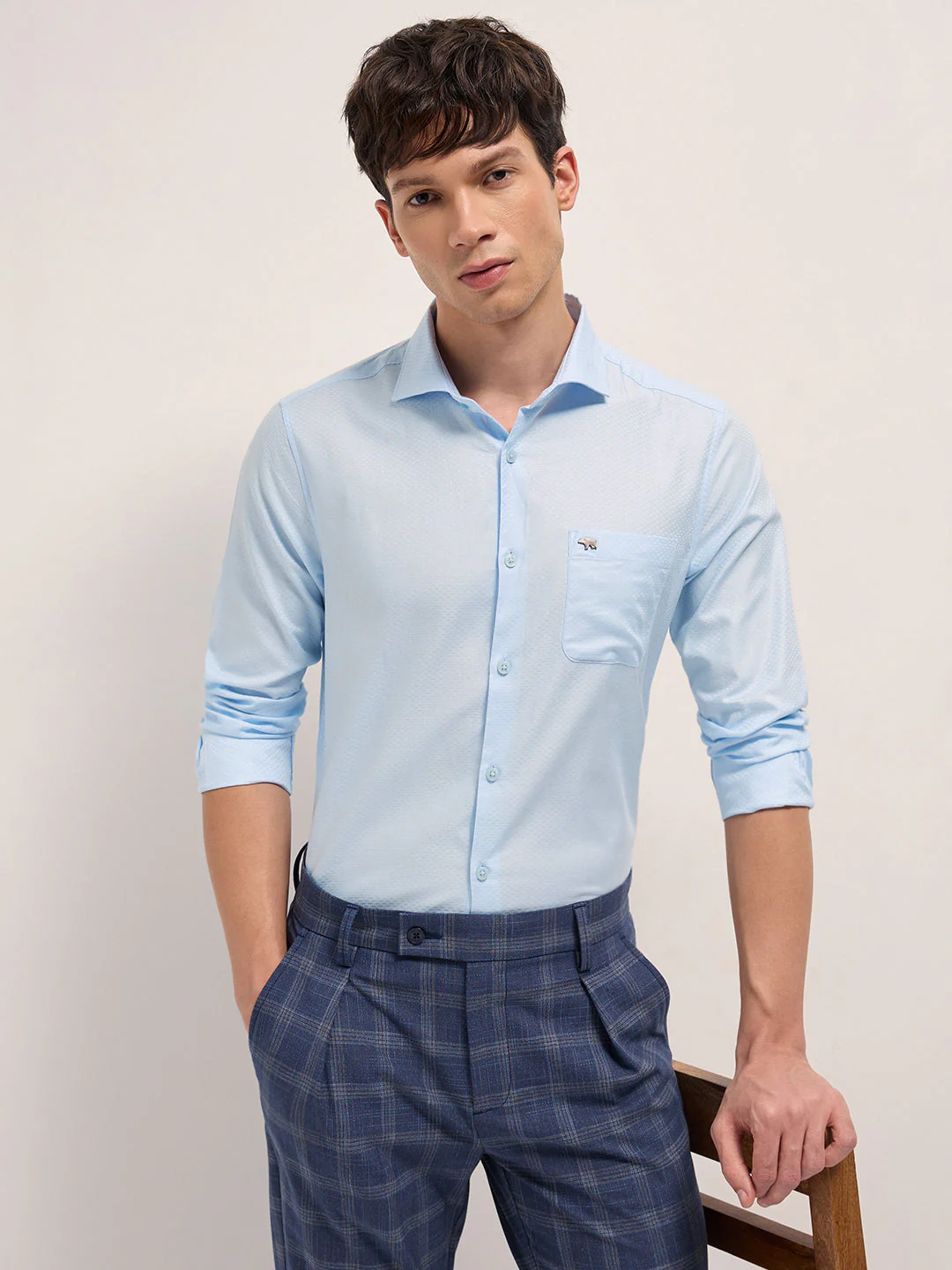 Men Light Blue Woven Pattern Cotton Tailored Fit Formal Shirt