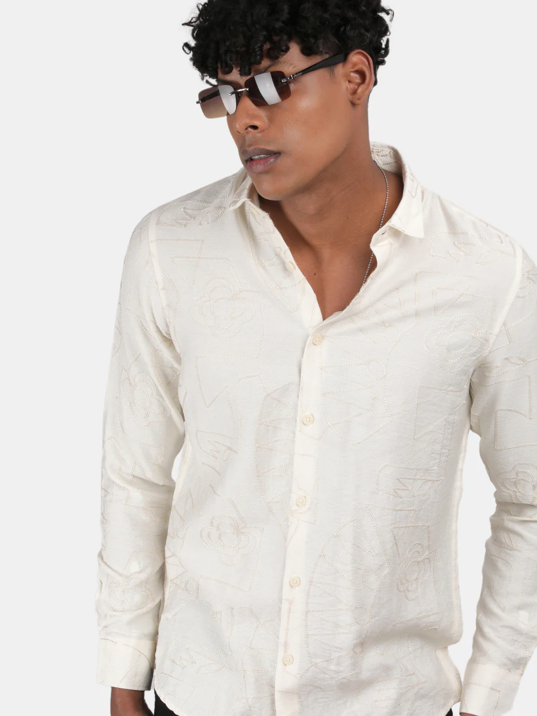 Men Light Cream Slim Fit Spread Collar Full Sleeve Casual Shirt