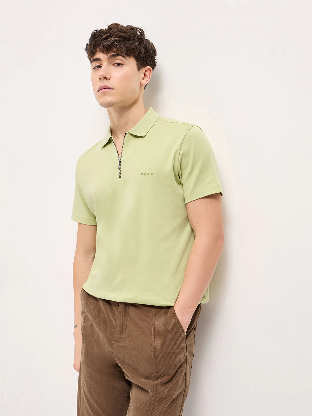 Men Light Green Solid Regular Fit Polo T-shirt