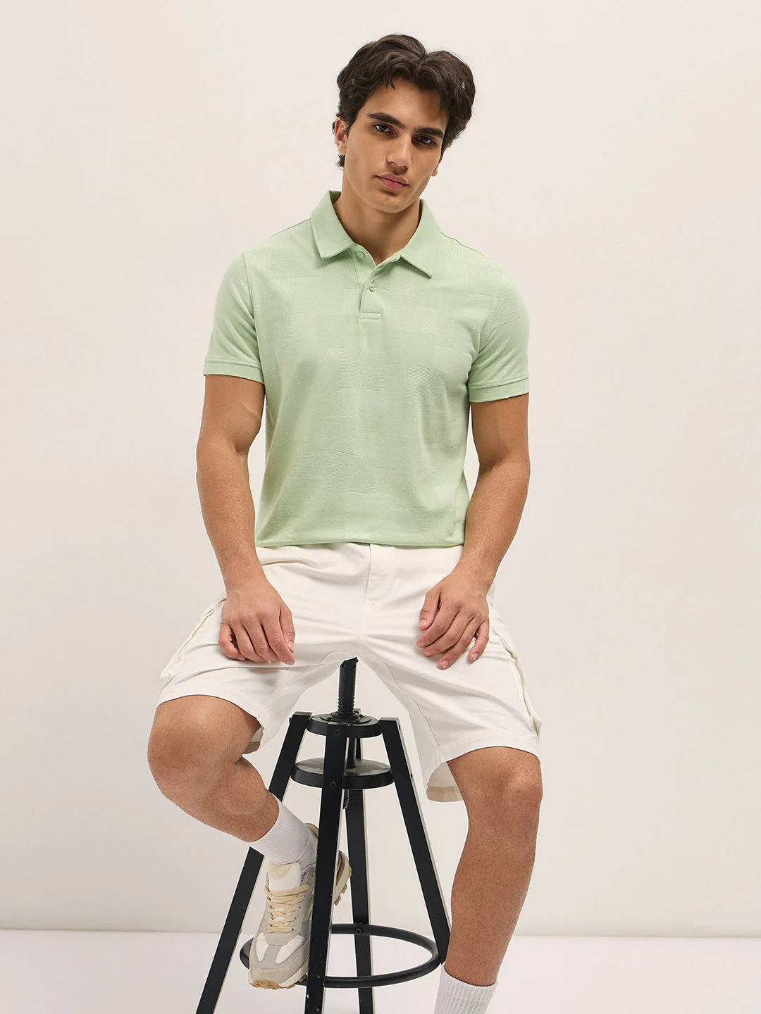 Men Light Green Textured checkered Slim Fit Polo
