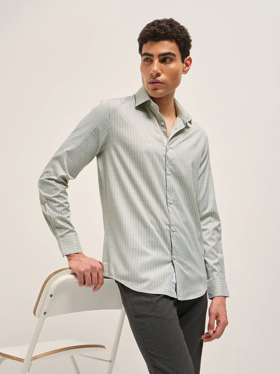 Men Light Green Vertical Striped Tailored Fit Formal Shirt