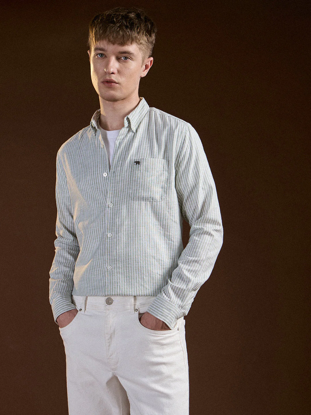 Men Light Green Vertical Stripes Slim Fit Casual Shirt