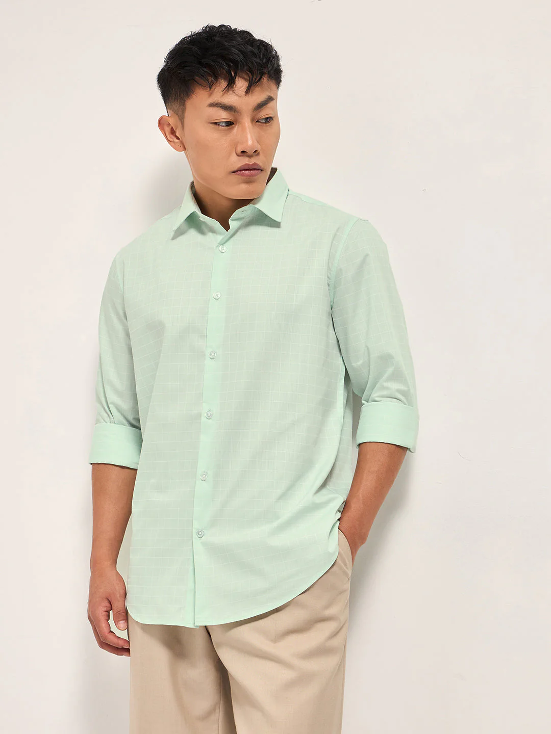 Men Light Green Windowpane Checks Tailored Fit Formal Shirt