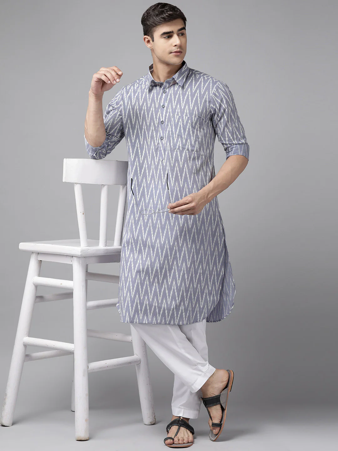 Men Light Grey Regular Pure Cotton Pathani Printed Men'S Kurta