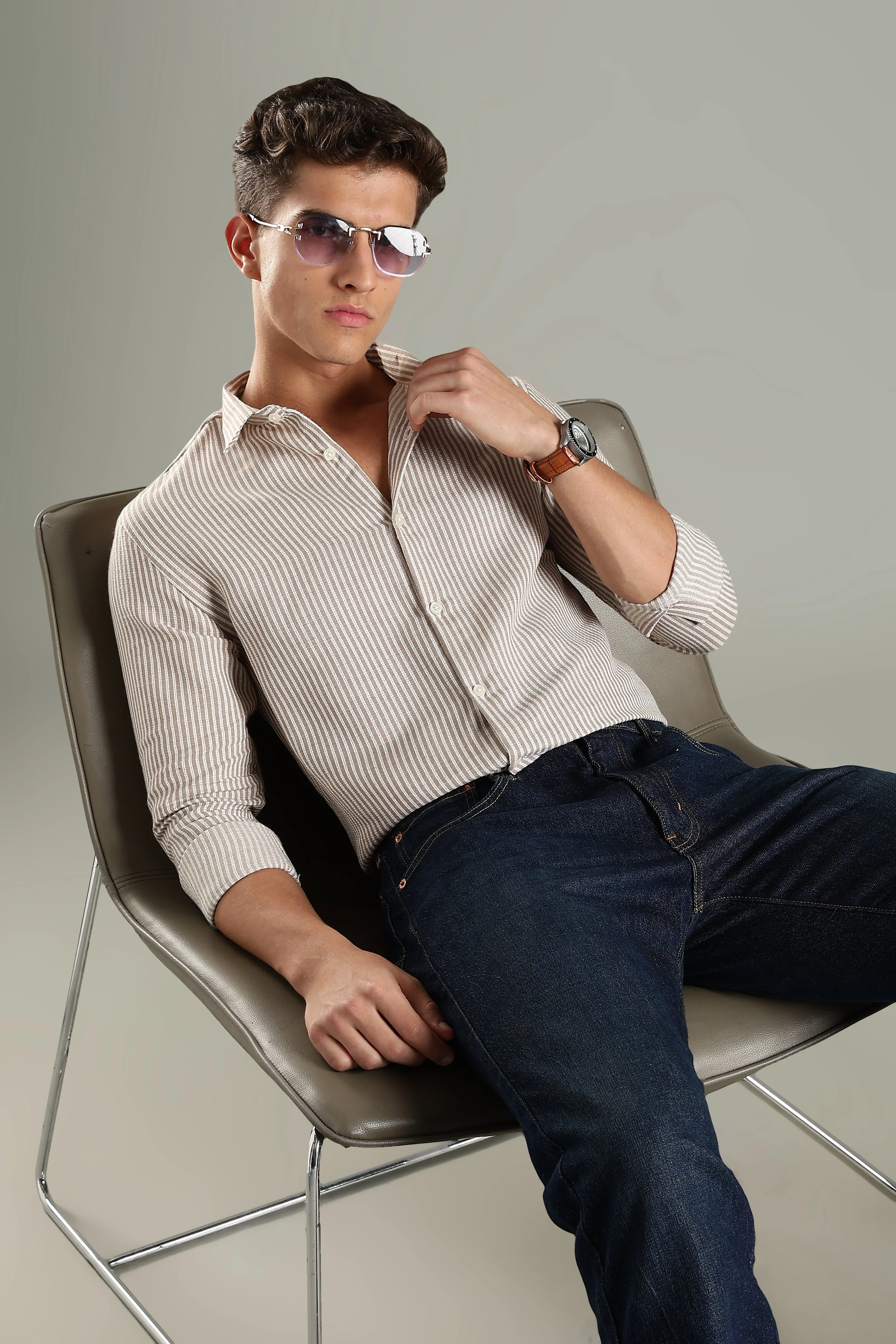 Men Looma Brown Stripes Shirt