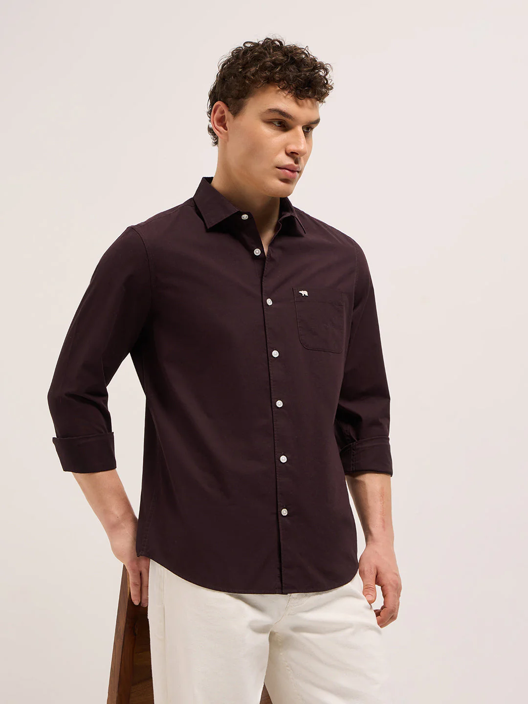 Men Maroon Cotton Solid Slim Fit Casual Shirt