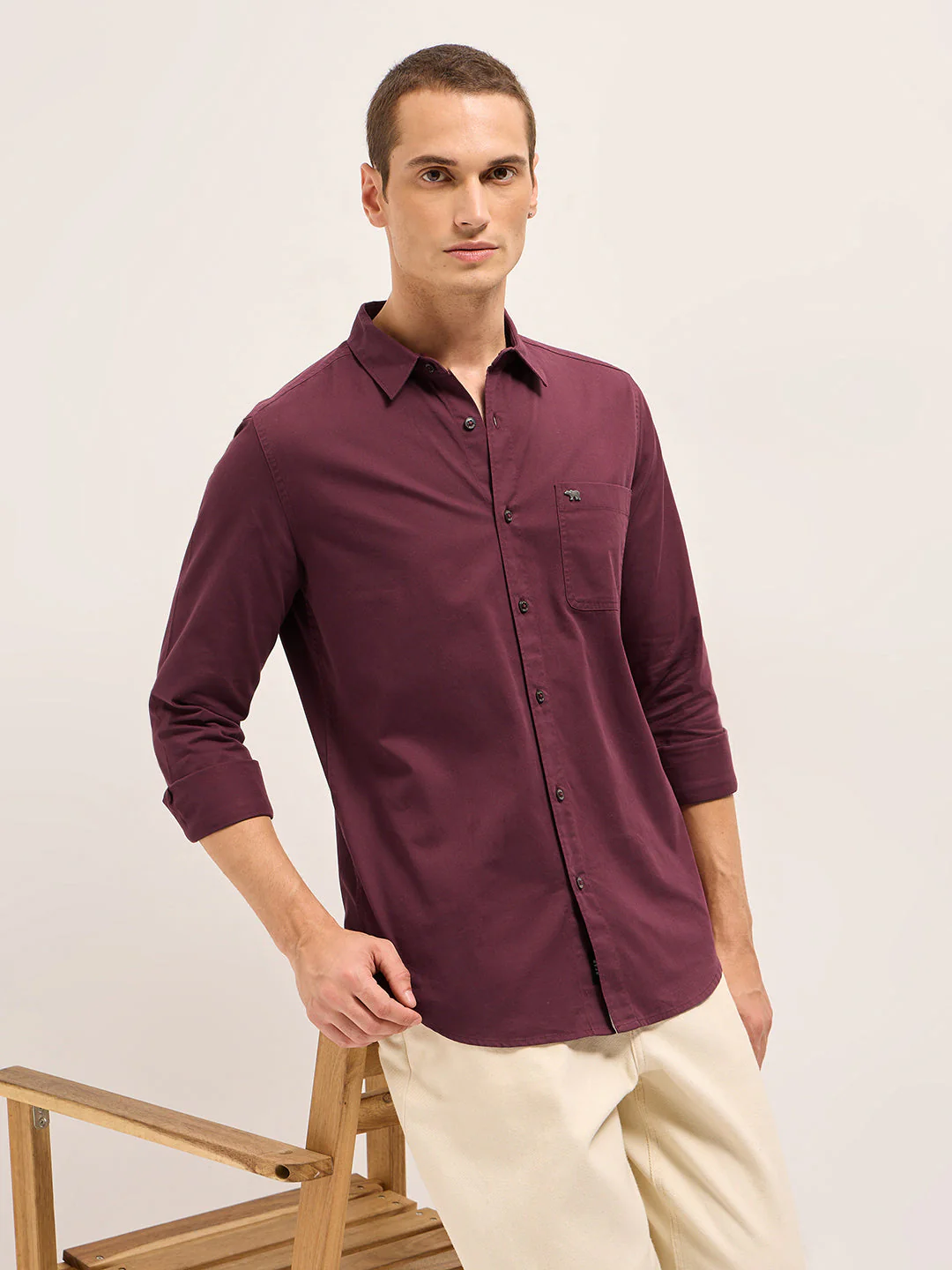 Men Maroon Cotton Solid Slim Fit Casual Shirt