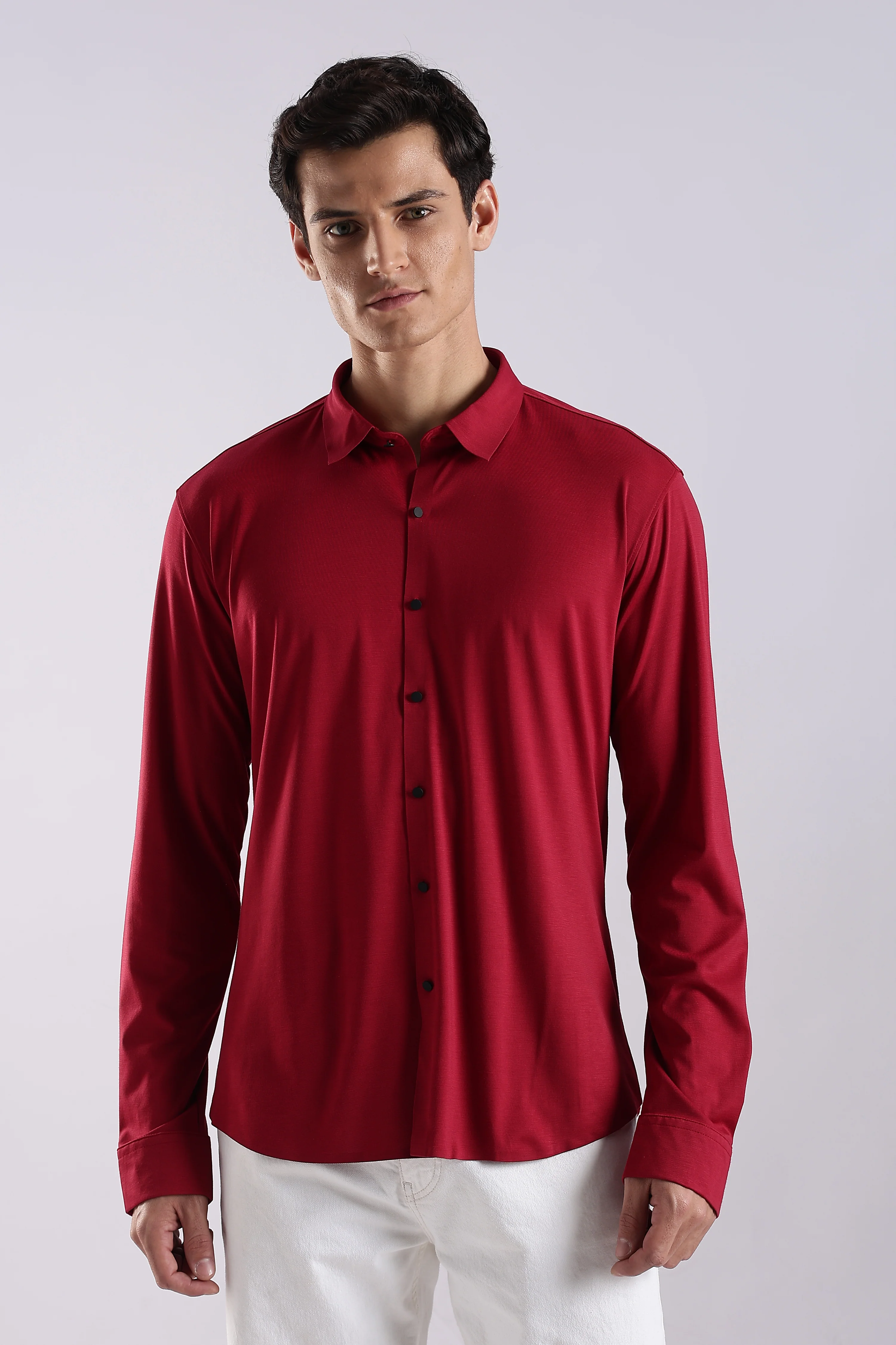 Men Maroon Knitted Slim Fit Shirt