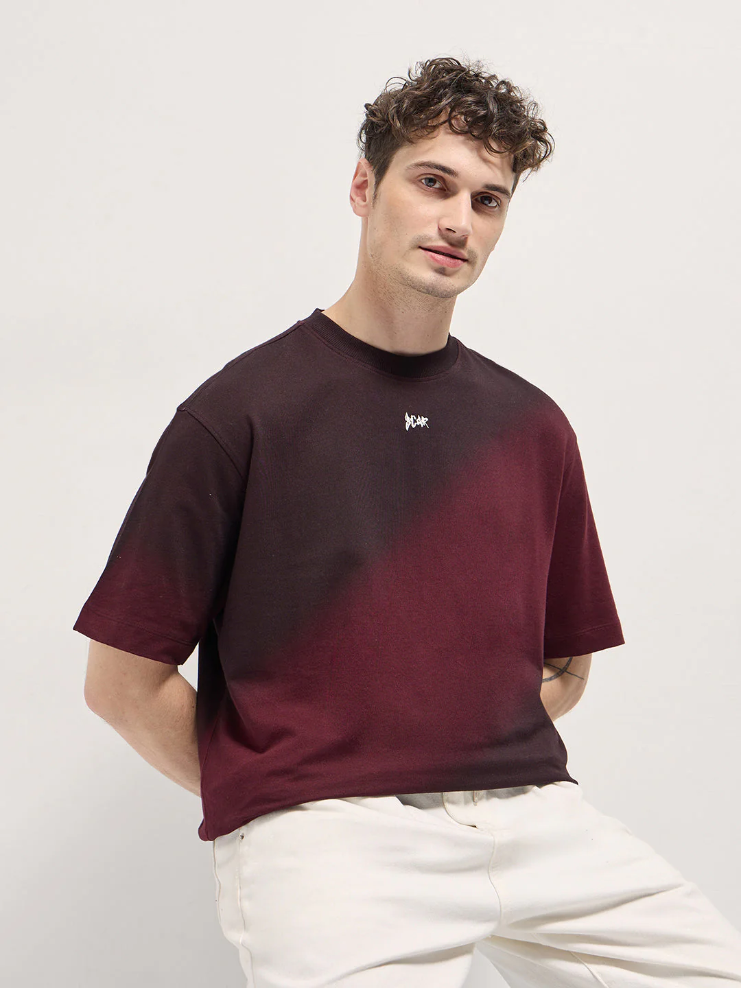 Men Maroon Shade Diagonal gradient fade Oversize Crew Neck T-shirt