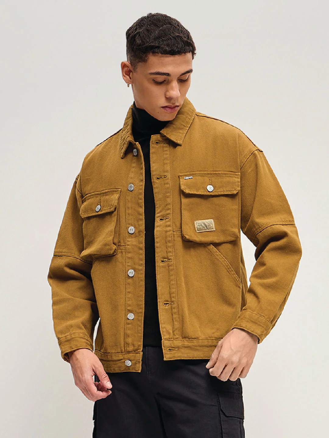 Men Mustard Solid Regular Fit Denim Jacket