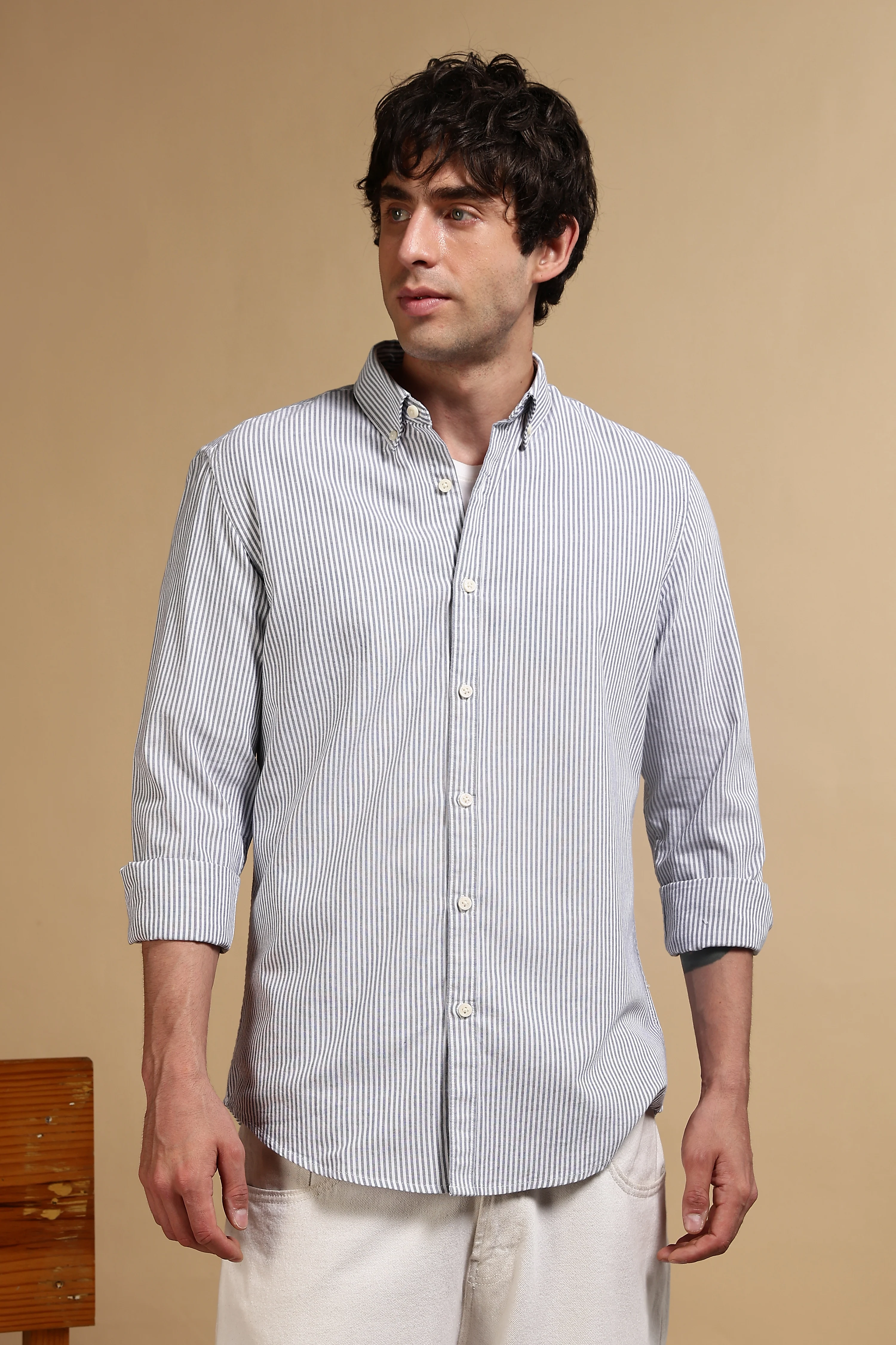 Men Navy Blue Cotton Oxford Slim Fit Striped Shirt