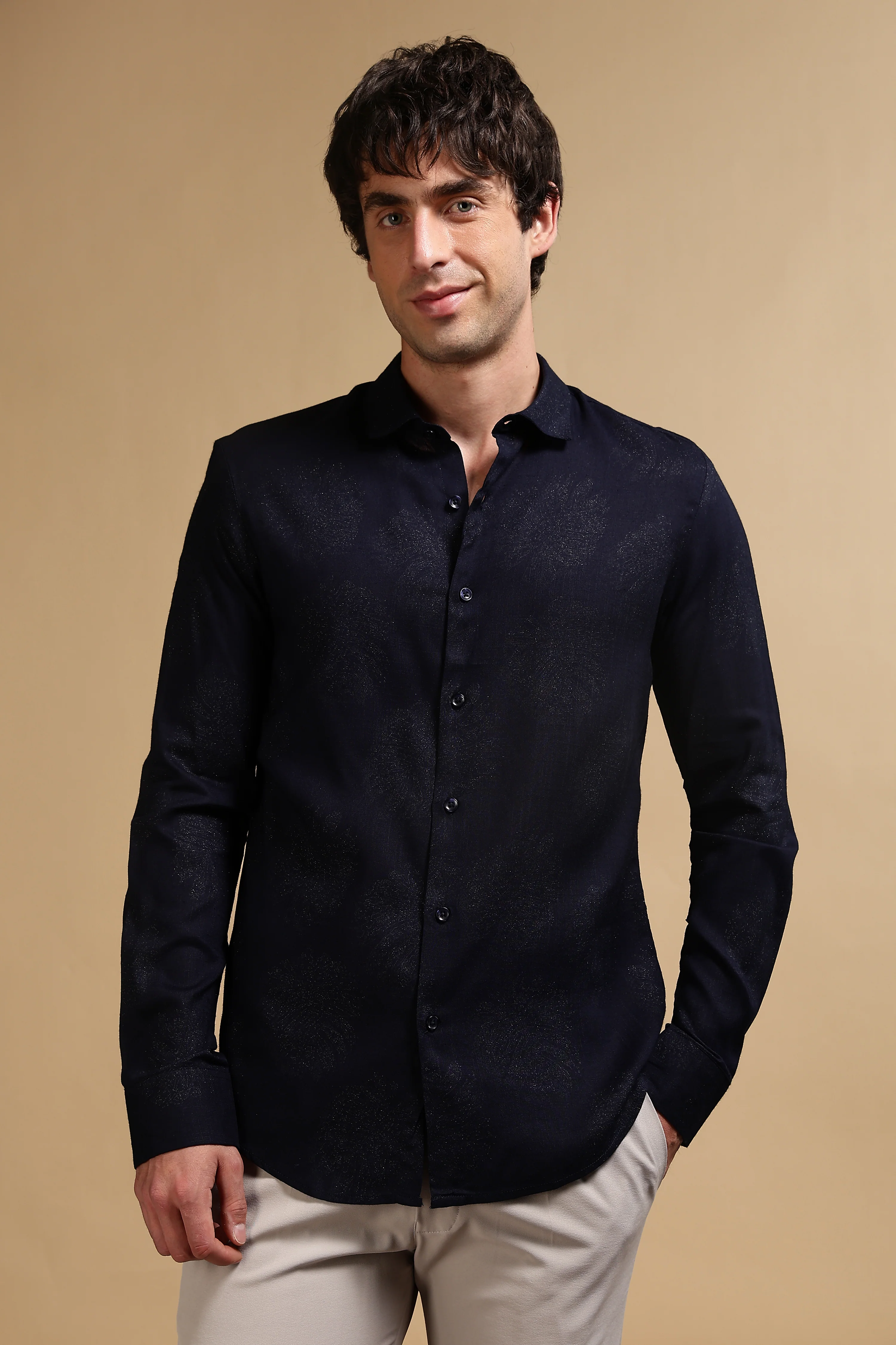 Men Navy Blue Glitter print festive wear