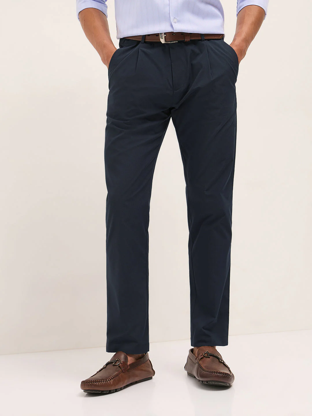 Men Navy Blue Poly Cotton Solid Regular Fit Formal Trousers