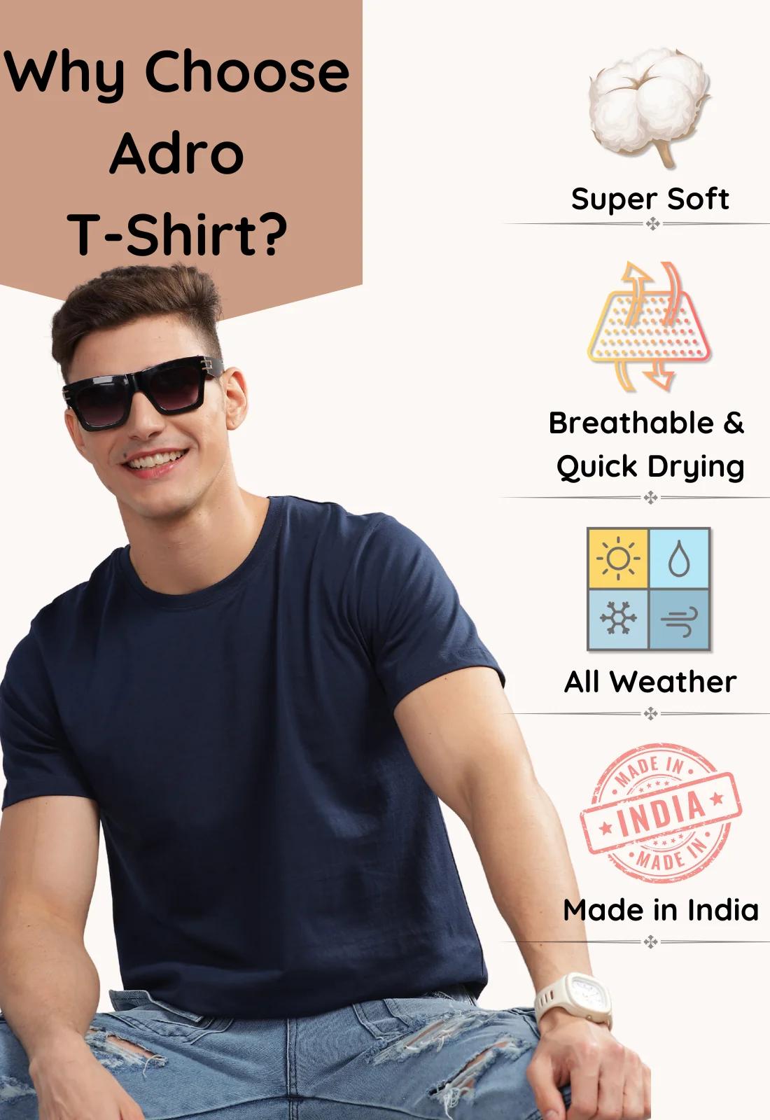 Men Navy Blue Round Neck T Shirt - Image 4