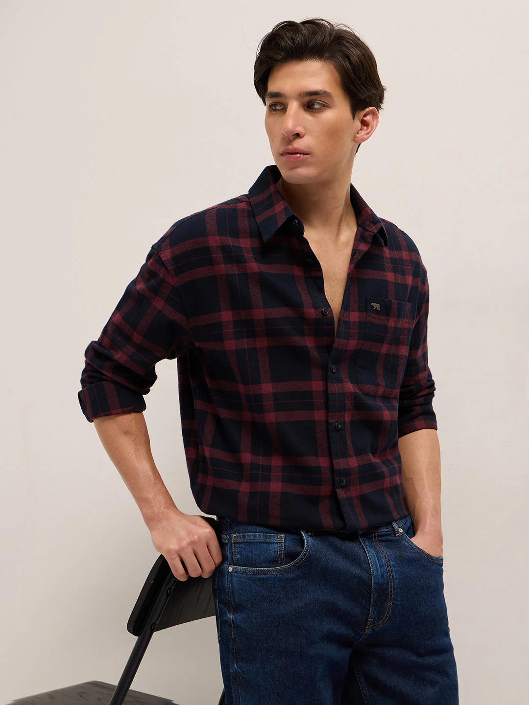 Men Navy Blue Tartan Checked Design Relaxed Fit Overshirt