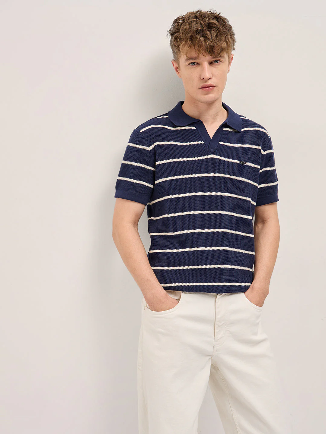 Men Navy Blue Texture Horizontal Stripes Slim Fit Polo