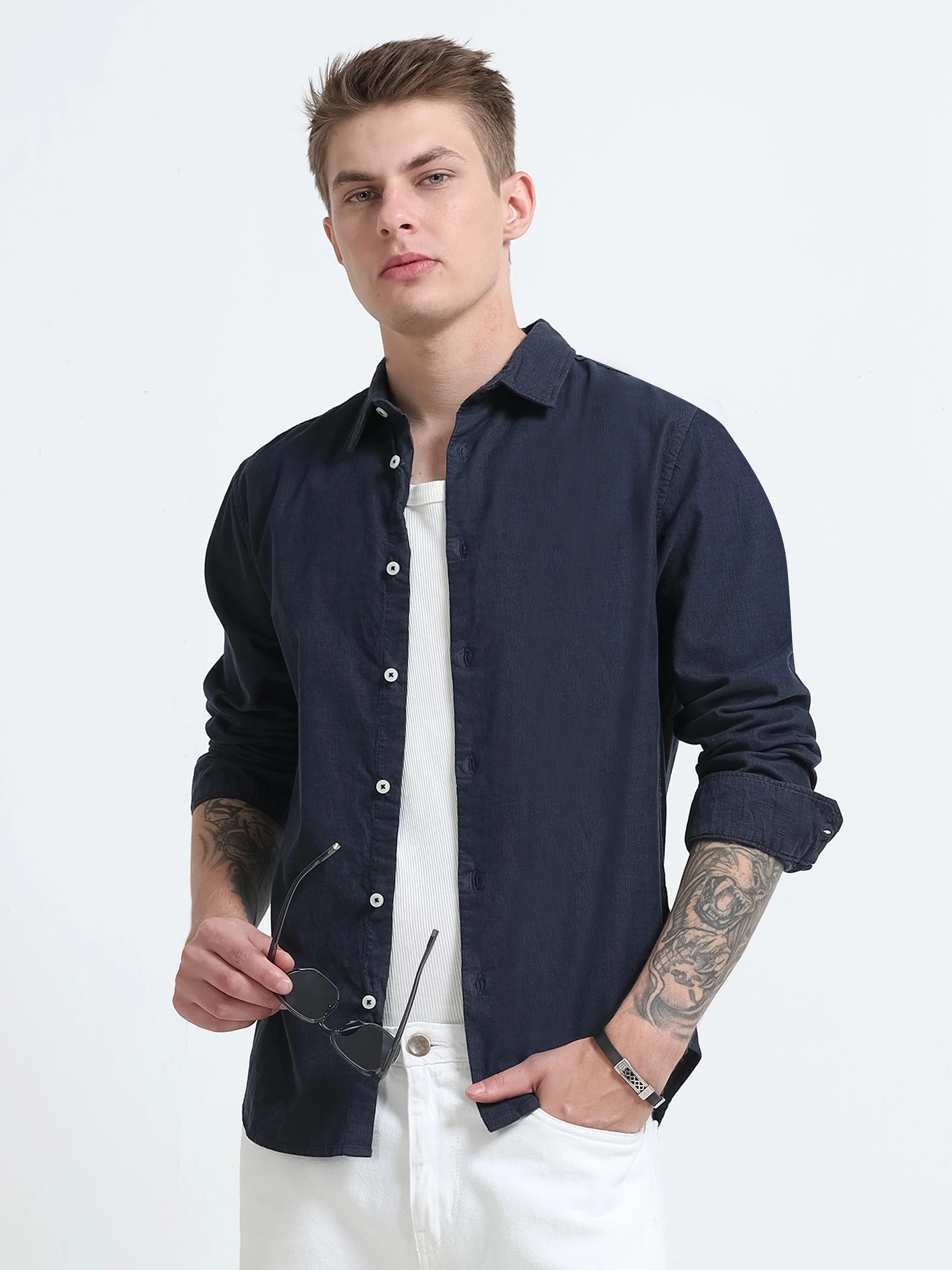 Men Navy Corduroy Shirt