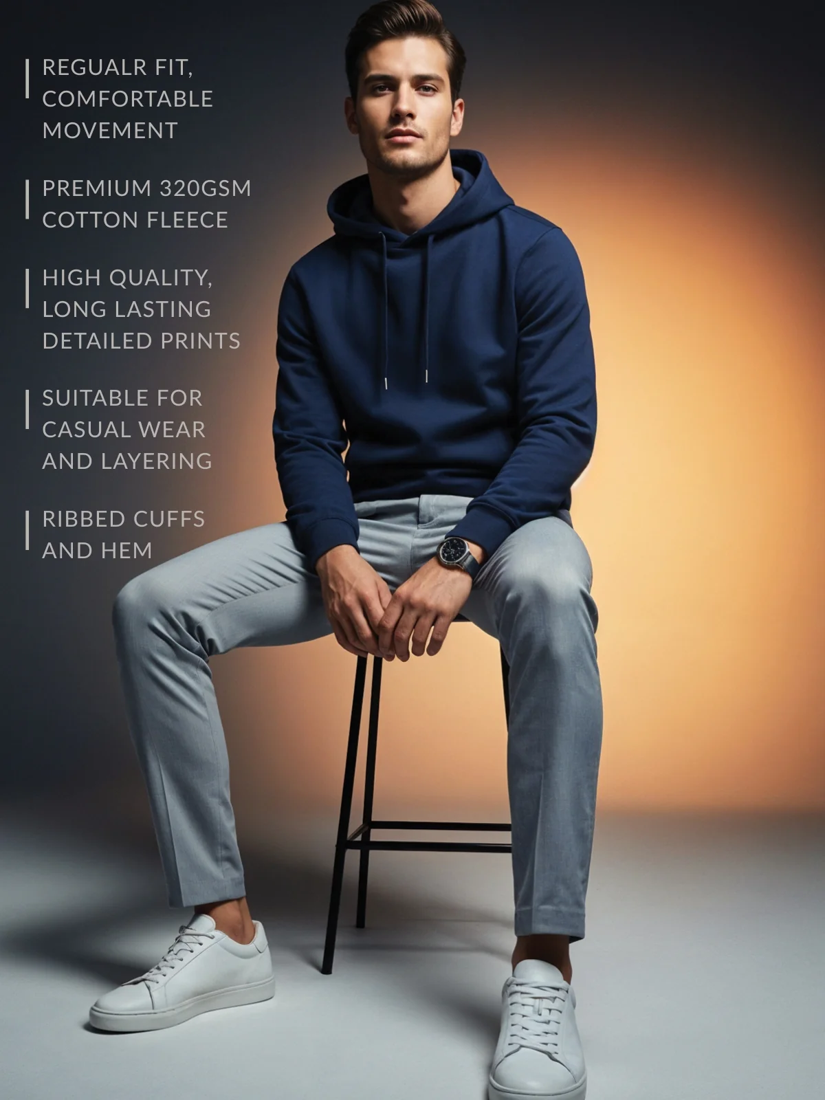 Men Navy Cotton Fleece Printed Hoodie - Image 3