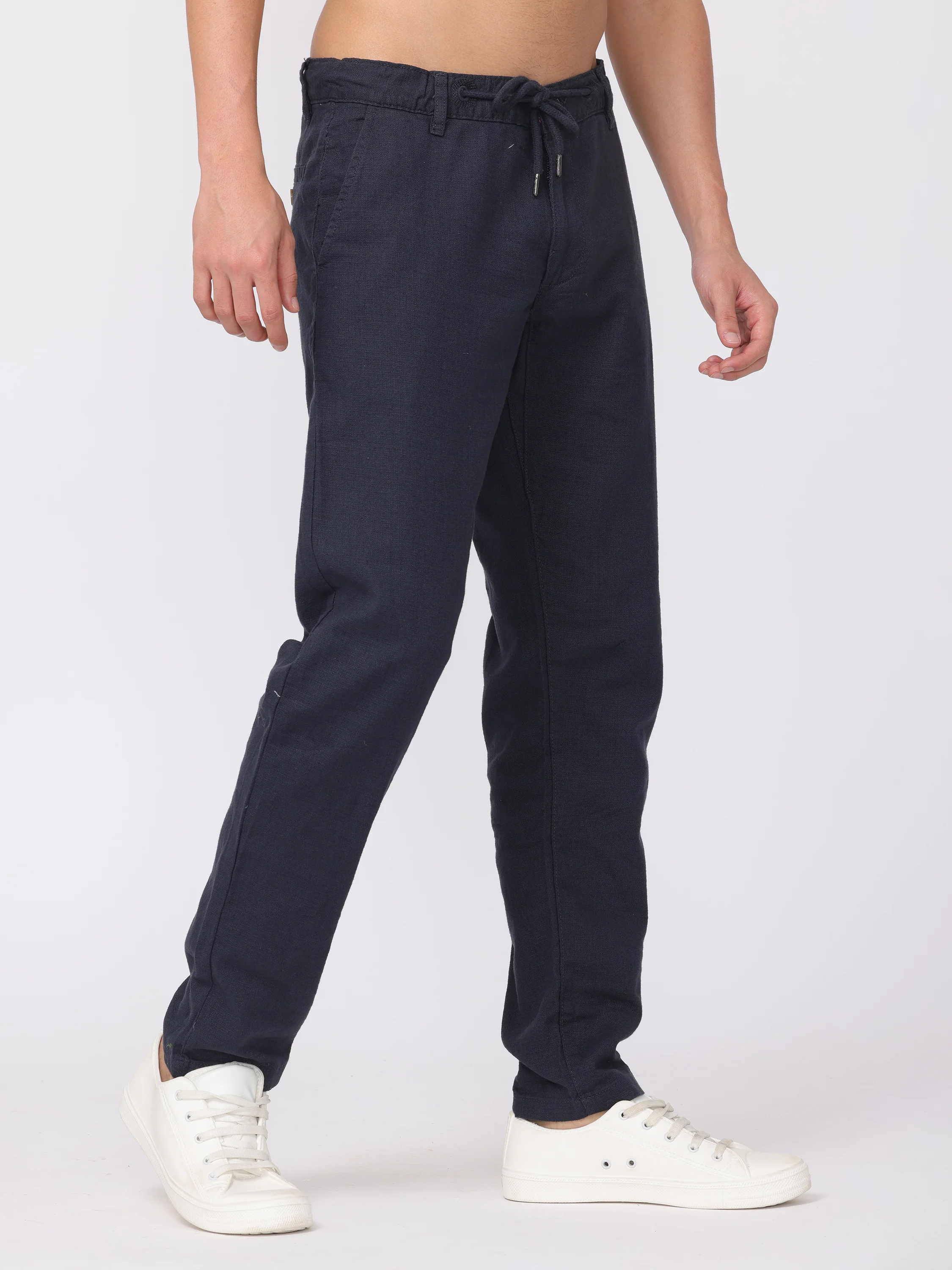 Men Navy Regular Fit Cotton Linen Regular Fit Pants - Image 2