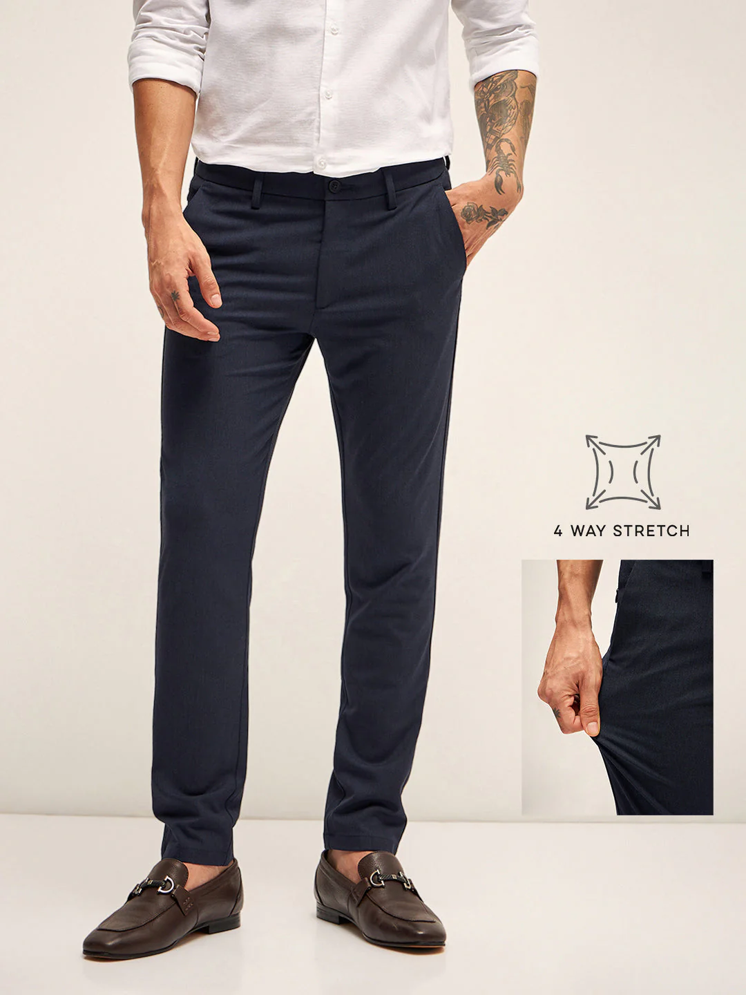 Men Navy Solid 4 Way Stretch Formal Trouser