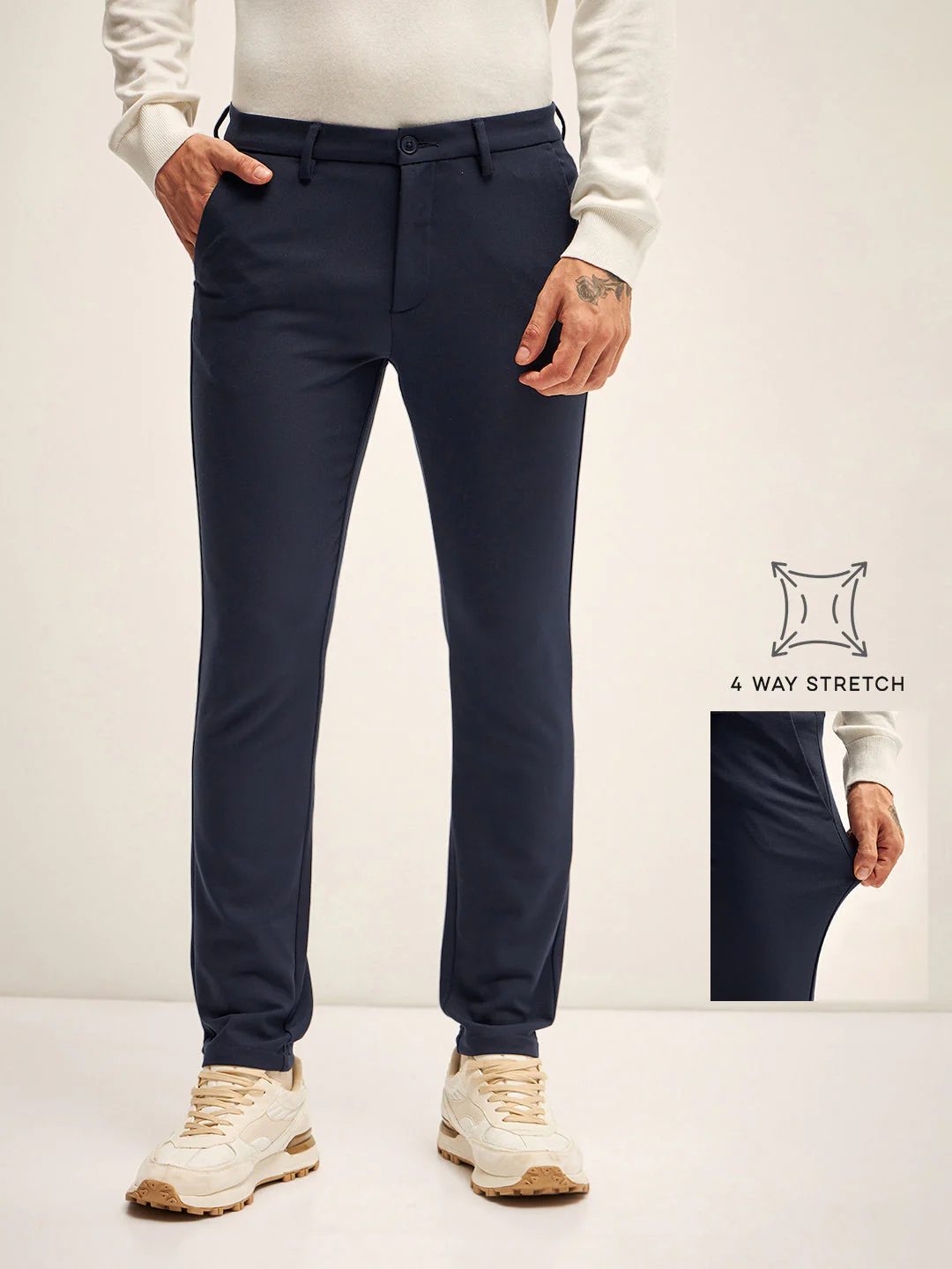 Men Navy Solid 4 Way Stretch Formal Trouser
