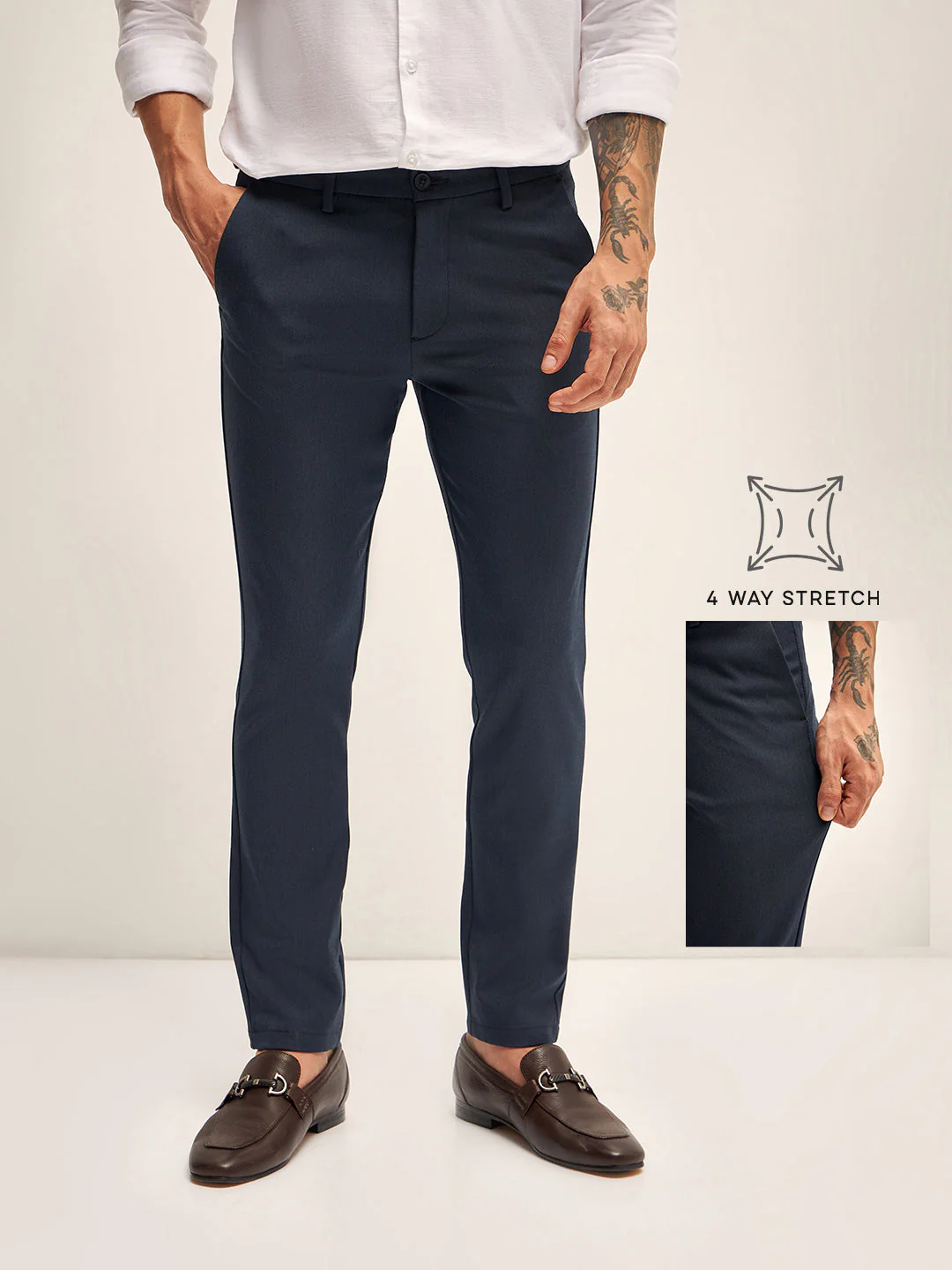 Men Navy Solid 4 Way Stretch Formal Trouser