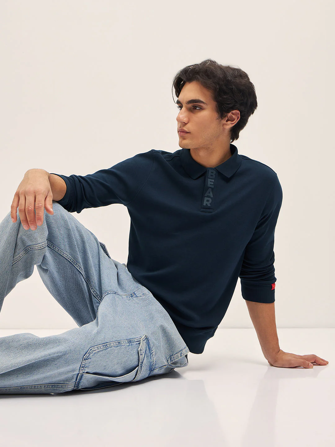 Men Navy Solid Slim Fit Polo Collar T-shirt