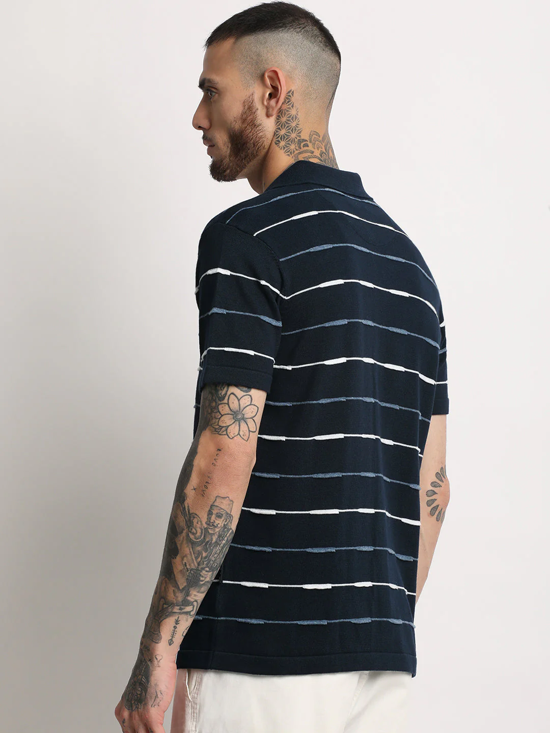 Men Navy Stripe Knit Front Open Polo T-Shirt - Image 4
