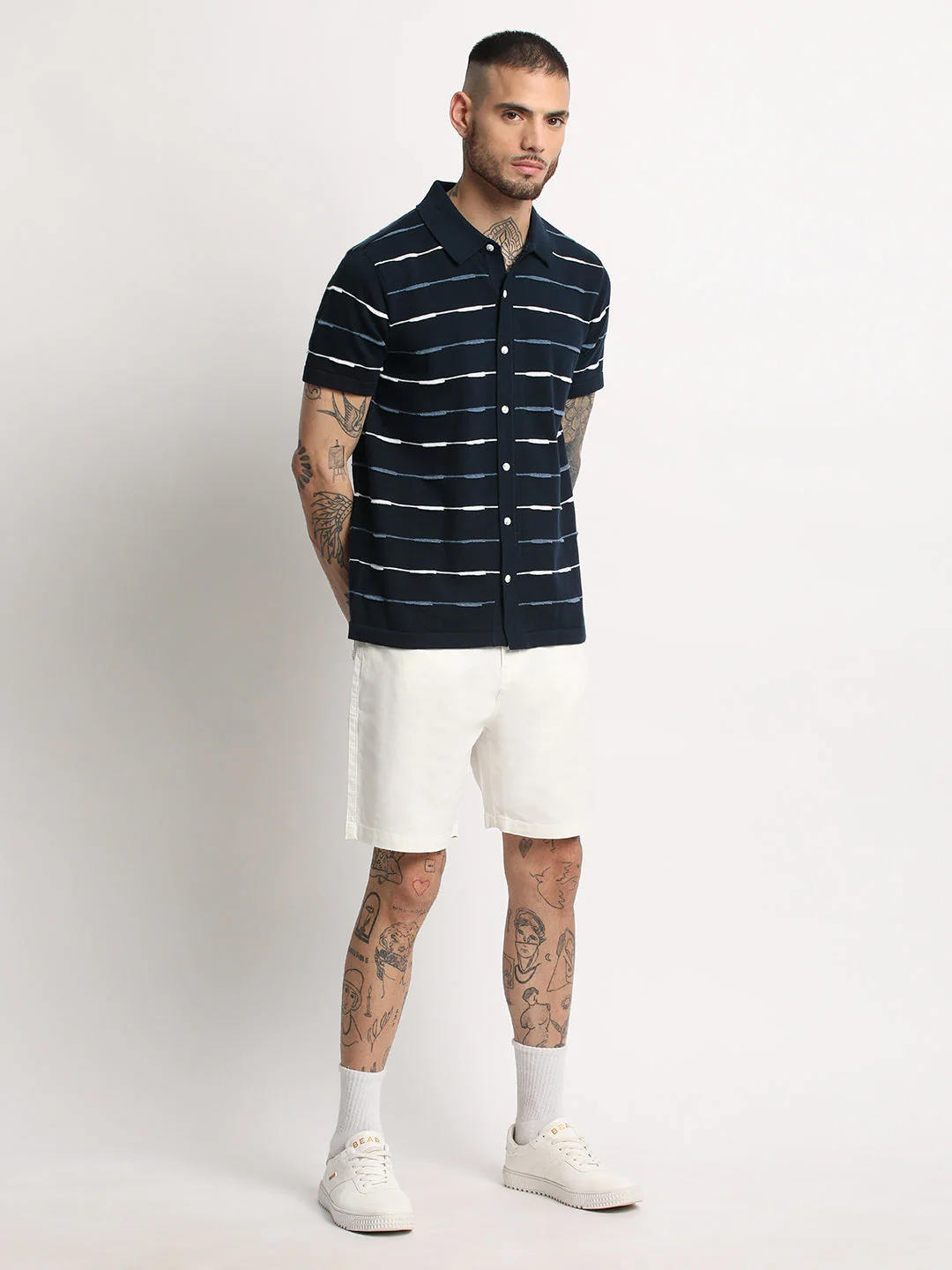 Men Navy Stripe Knit Front Open Polo T-Shirt - Image 5