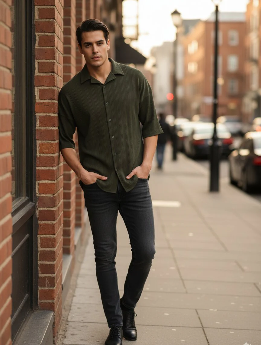 Men Olive Button Down Collar Shirt - Image 5