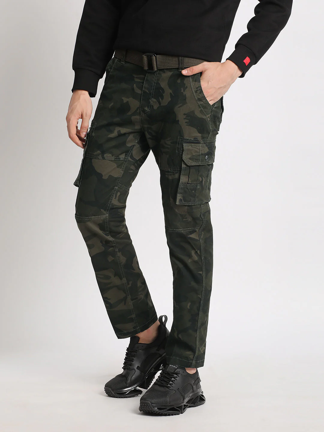 Men Olive Camouflage Printed Regular Fit Cargo